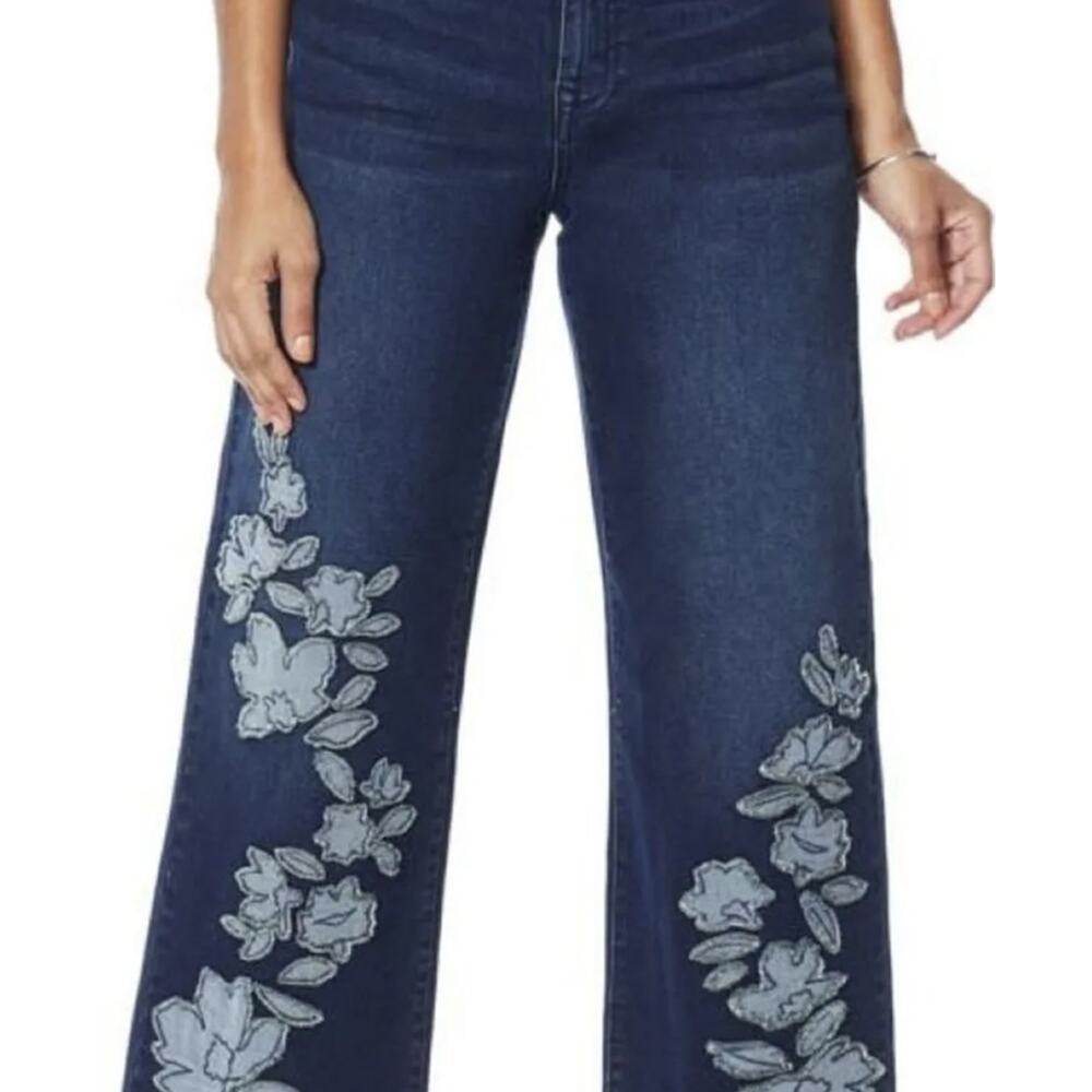 SKU 1626 Diane Gilman DG2 Embroidered Frayed Wide Leg Jeans Indigo 6 Tall